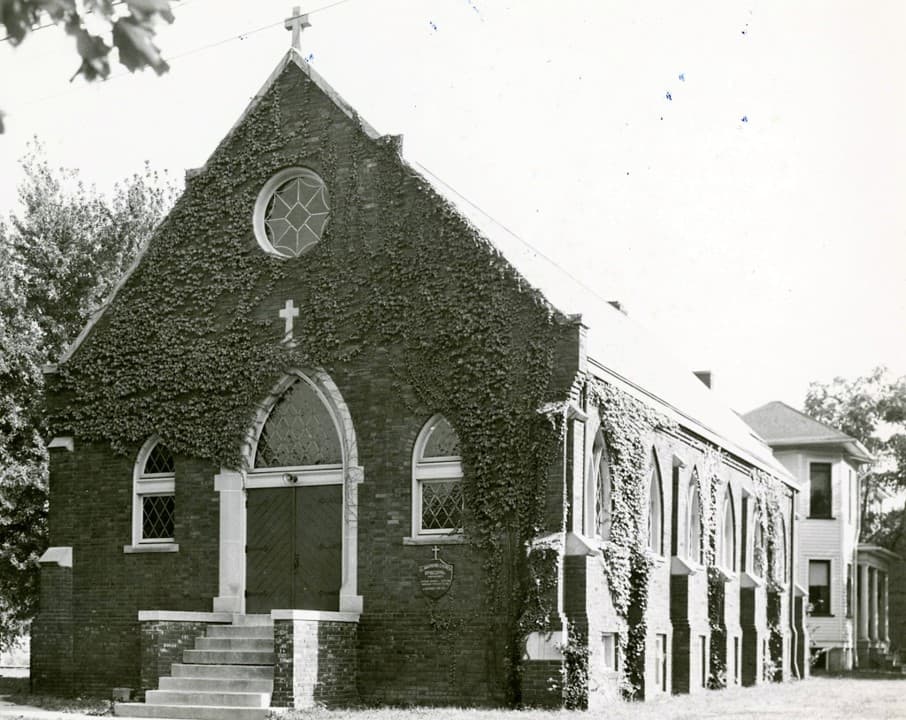 Historic black and white photo of St. Andrew's church building