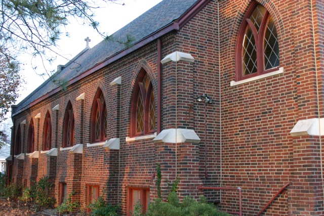 Side view of the St. Andrew's brick church building
